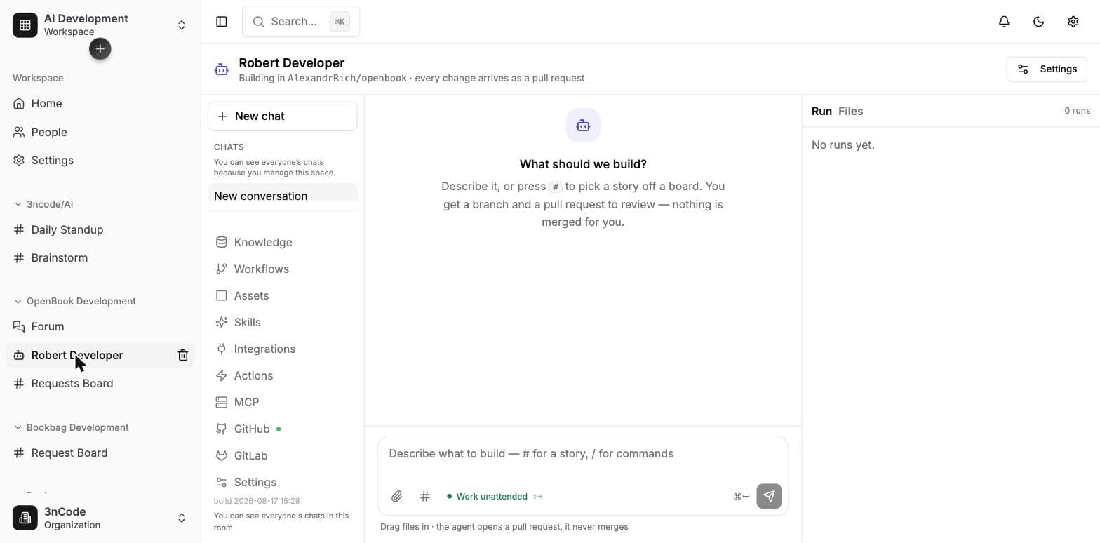 An Openbook build room agent connected to a GitHub repository