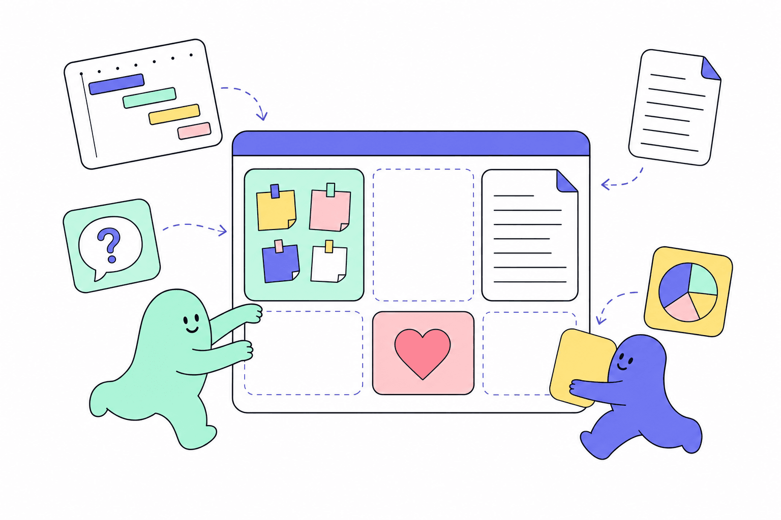 Two characters assembling a workspace from room building blocks