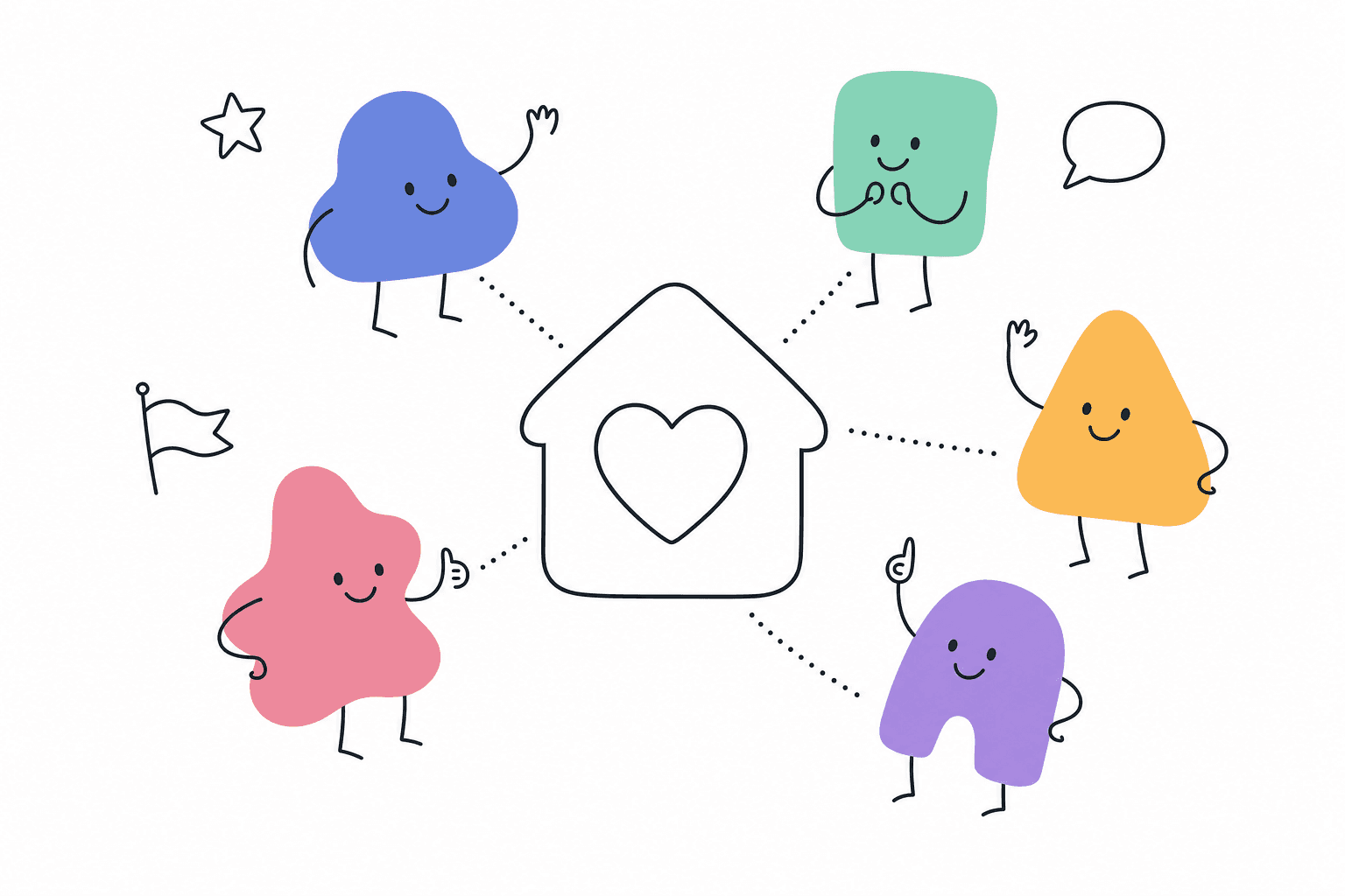Five friendly characters connected to one shared home