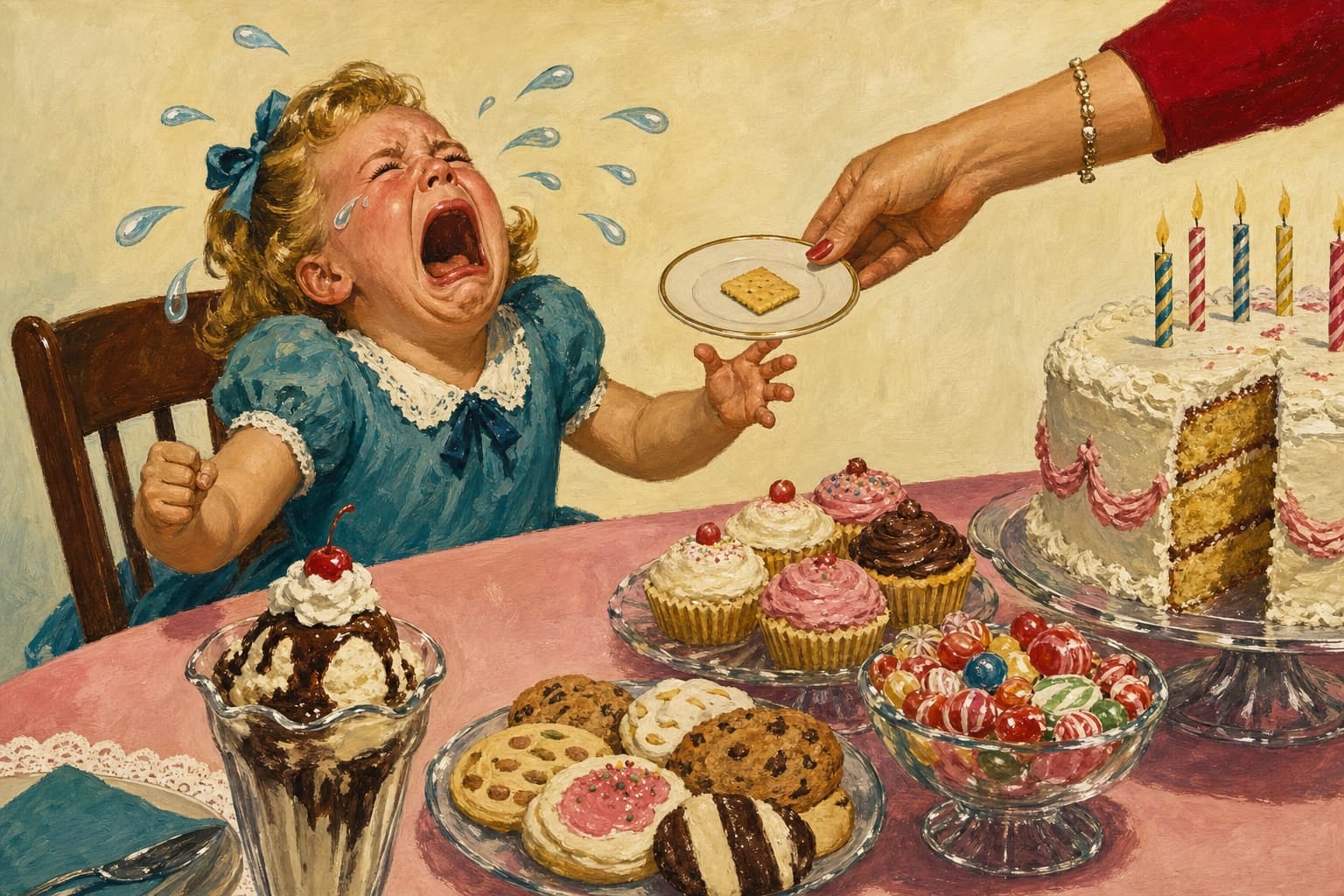 A vintage-advertisement painting: a child at a birthday table cries theatrically at being offered a single plain cracker while a whole spread of cake, cupcakes, cookies and candy sits just out of reach