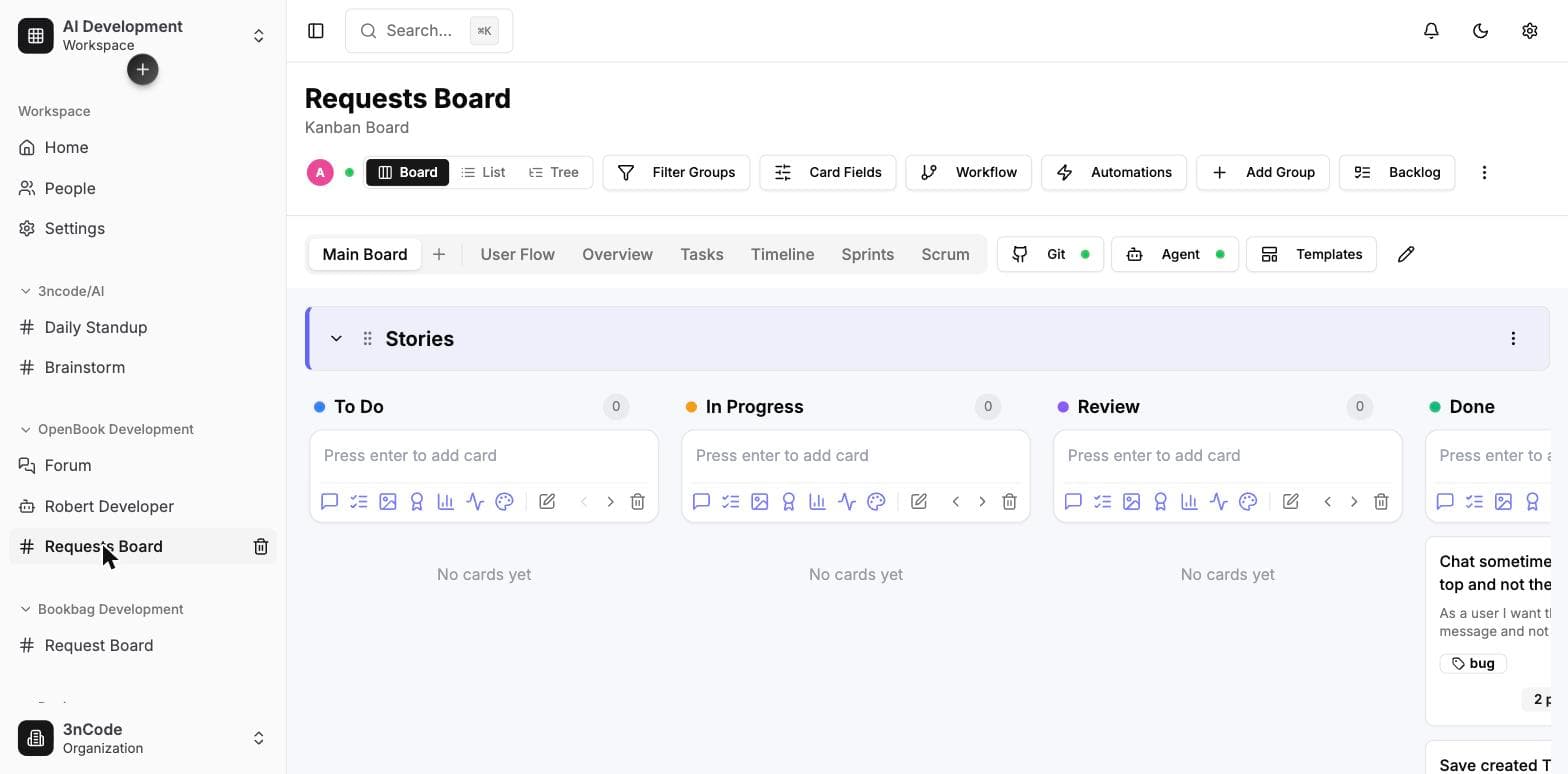 An Openbook kanban board with Git and Agent connections active, sprints and multiple views