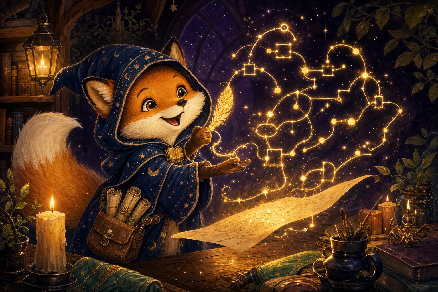 A magical quill writing golden ink that rises off the parchment and becomes a glowing constellation workflow — the AI builder.