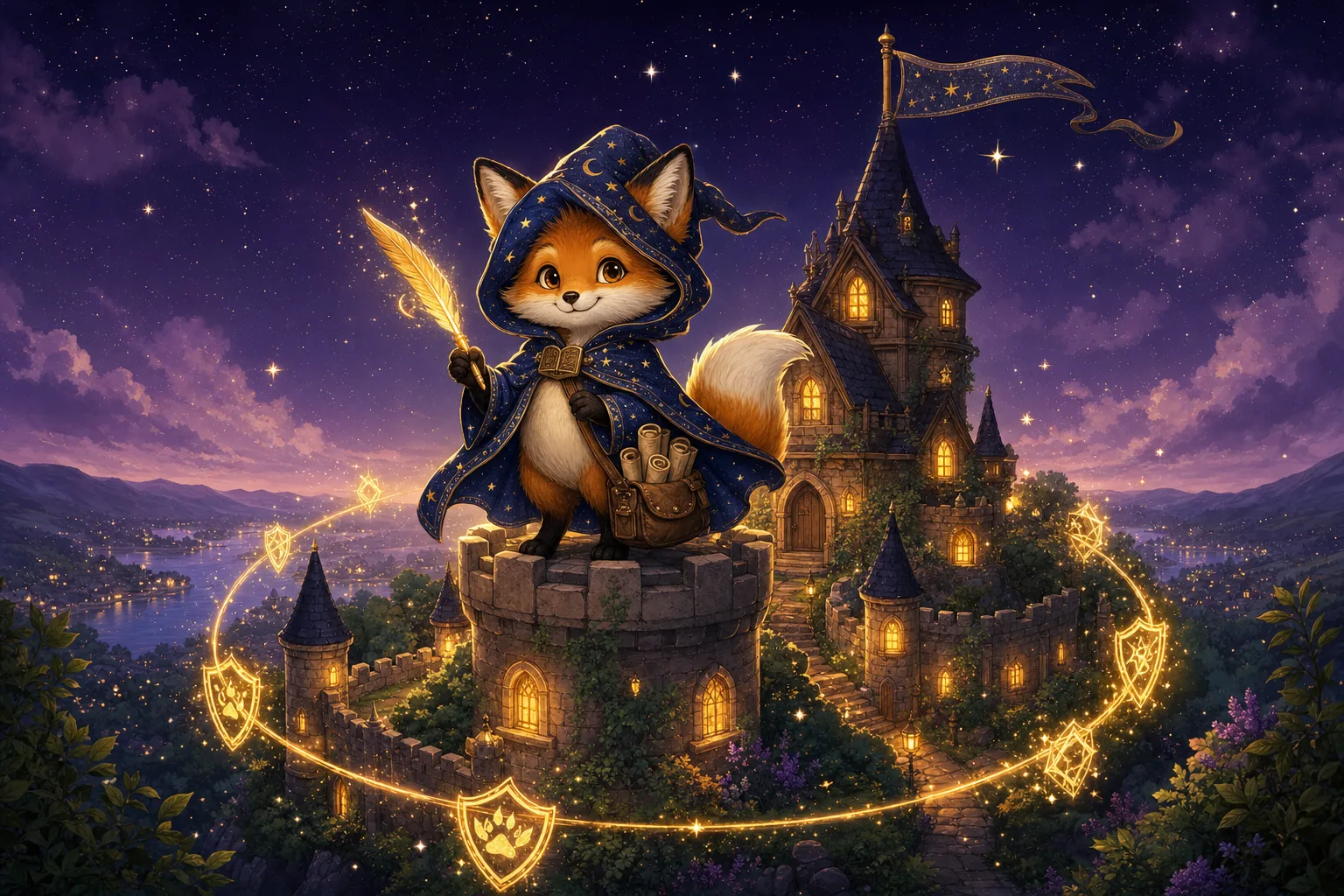 A cozy castle keep on its own hill ringed by golden wards — self-hosting OpenBook on your own infrastructure.