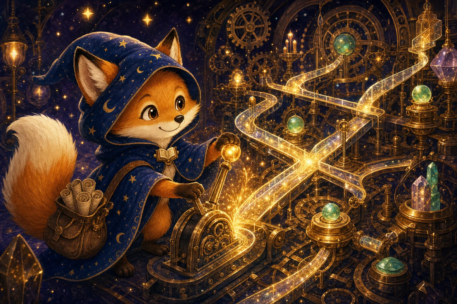 An enchanted clockwork machine routing streams of golden light along branching crystal rails — OpenBook's workflow engine.