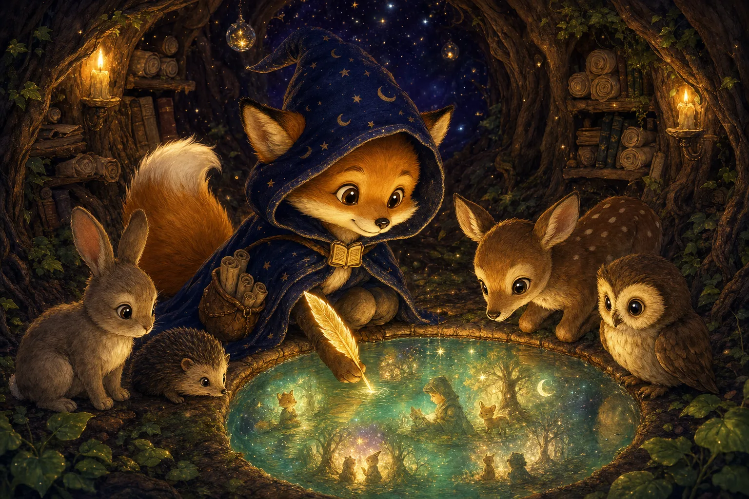 Storybook companions gathered around a glowing pool of memories inside a hollow tree library — agents with long-term memory.